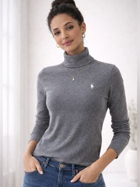 Polo Ralph Lauren Gray Long Sleeve Turtleneck Top Embroidered Pony